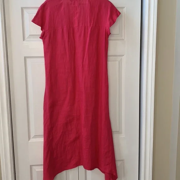 Marina Rinaldi linen watermelon pink Italian shark bite hem v neck midi dressEUC - Picture 2 of 4